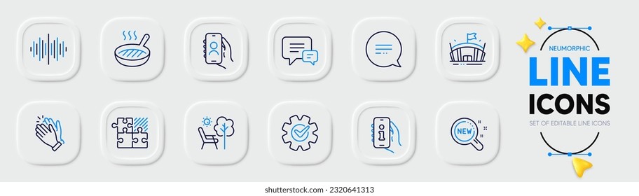 Grill pan, Deckchair and Sound wave line icons for web app. Pack of Support, Comment, Clapping hands pictogram icons. User call, New products, Text message signs. Puzzle game, Arena, Cogwheel. Vector