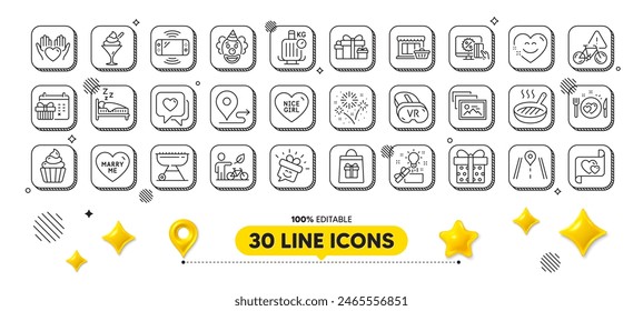 Grill pan, Fireworks and Gift box line icons pack. 3d design elements. Eco bike, Grill, Baggage scales web icon. Marketplace, Hold heart, Romantic dinner pictogram. Smile, Clown, Vr. Vector