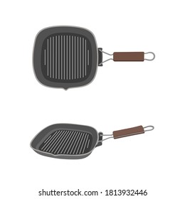 Grill pan isolated on white background.For cooking barbecue. Kitchen utensils. Picnic cook tools for frying food on B-B-Q picnic paty. Square iron tableware for fry meal.Stock vector illustration
