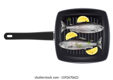 Grill pan with salmon fish, lemon slices, pepper and rosemary spicy herb, vector illustration isolated on white background. Grilled seafood for restaurant, cafe menu etc.