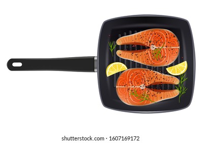 Grill pan with salmon fish steaks, lemon slices, pepper and rosemary spicy herb, vector illustration isolated on white background. Grilled seafood for restaurant, cafe menu etc.