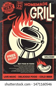 Grill party artistic invitation or poster design template. Barbecue food retro flyer idea with bbq and meat on fire. Vector image.