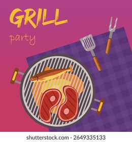Grill party banner, steaks and fish on a grill with tools. For summer BBQ and cookout. 
