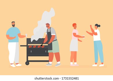 Grill party. Friends is chating, cooking steaks. Cartoon vector illustration