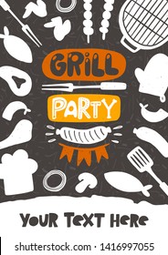 Grill party. Hand drawn lettering. Quote sketch typography. Vector inscription slogan. Poster, t shirt design, print, placard, menu, restaurant, bar, cafe, food court, emblem.