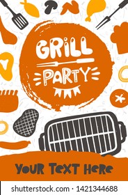 Grill party. Hand drawn lettering. Quote sketch typography. Vector inscription slogan. Poster, t shirt design, print, placard, menu, restaurant, bar, cafe, food court, emblem.