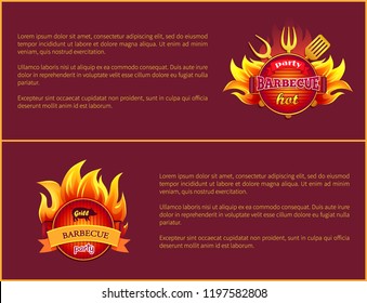 Grill party hot barbeque fest vector posters with burning badges, text sample. Fork, spatula and paddle, bbq metal grill with coals in flame sparkles