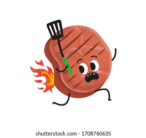 Grill party minimal vector illustration design.  Cute grill meat running with barbecue turner. Funny BBQ ham run with burning back. Beef steak with barbecue tool. Invitation card design element.