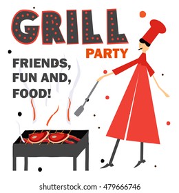 Grill party poster.Cook preparing steak. Grill. Barbecue and grill labels. Steak house restaurant menu design elements.