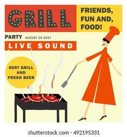 Grill party poster.Cook preparing steak. Grill. Barbecue and grill labels. Steak house restaurant menu design elements.