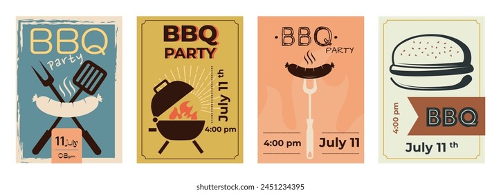 Juego de afiches retro de fiesta de parrilla. Es hora de barbacoa. Afiche de barbacoa de verano para colección de Anuncio de hora de barbacoa. Ilustración vectorial