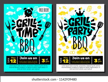 Grill Party Time BBQ food poster. Grilled food, meat fish vegetables grill appliance fork knife chicken shrimps lemon spice. Hand drawn vector illustration.