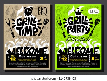 Grill Party Time BBQ food poster. Grilled food, meat fish vegetables grill appliance fork knife chicken shrimps lemon spice. Hand drawn vector illustration.