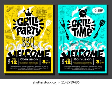 Grill Party Time BBQ food poster. Grilled food, meat fish vegetables grill appliance fork knife chicken shrimps lemon spice. Hand drawn vector illustration.