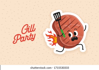 Grill party vector illustration design.  Cute grill meat running with barbecue turner. Funny BBQ ham run with burning back. Beef steak with barbecue tool. Invitation card design element.