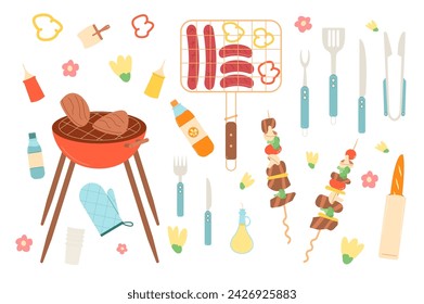 Juego de picnic para asar. Elementos de barbacoa de primavera aislados sobre fondo blanco. Comida del día de barbacoa de verano en el parque o patio trasero. Kebab, vajilla y bebidas. Alimentos y artículos de cocina. Ilustración plana vectorial.
