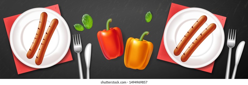 Grill plate Vector realistic. Meat and veggies menu poster. Detailed 3d illustration