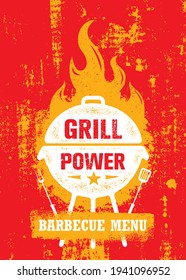 Grill Power Barbecue Menu. Outdoor Charcoal Restaurant and BBQ Vector Design Element On Rough Background. Hot Fire Flame Illustration on Grunge Wall