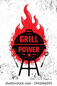 Grill Power Barbeque. Outdoor Charcoal Restaurant and BBQ Menu Vector Design Element On Rough Background. Fire Flame Illustration on Grunge Wall