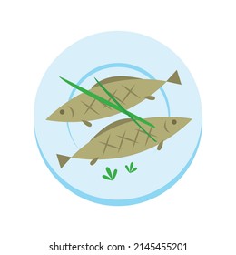 Grill prepared fish icon. Flat illustration of two cooked fish and vegetables on a plate isolated on a white background. Vector 10 EPS.