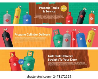 Grill propane tank delivery service sale promo banner design template set realistic vector illustration. Cooking natural gas cylinder industrial distribution discount special offer advertising