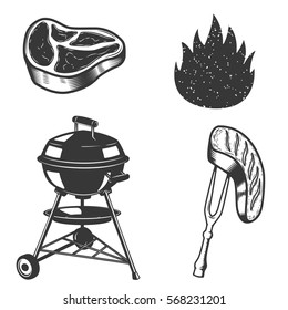 Grill, raw meat, grilled meat, fire. Design elements for menu, label, emblem, sign, brand mark, poster.  Vector illustration