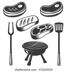 Grill, raw meat, grilled meat, fire. Design elements for menu, label, emblem, sign, brand mark, poster.  Vector illustration