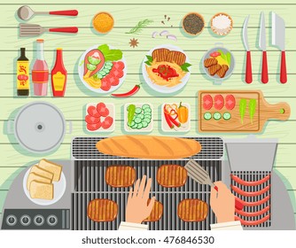 Grill Restaurant Cooking Table Elements Set View From Above