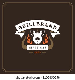 Grill Restaurant Logo Design Vector Illustration. Barbecue Steak House Menu Emblem, Pig Head Silhouette. Vintage Typography Badge Template.