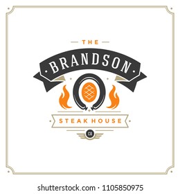 Grill restaurant logo design vector illustration. Barbecue steak house menu emblem, grilled meat steak silhouette. Vintage typography badge template.