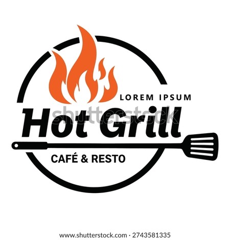 Grill restaurant logo with flame and utensil on white background icon
