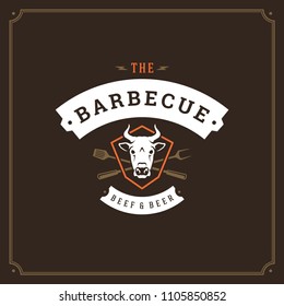 Grill restaurant logo template vector illustration. Barbecue steak house menu emblem, cow head silhouette. Vintage typography badge design.