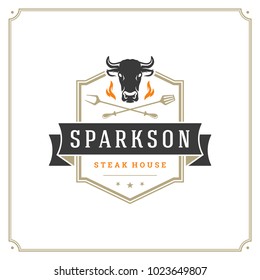 Grill restaurant logo vector illustration. Barbecue steak house menu emblem, cow head silhouette. Vintage typography badge design.