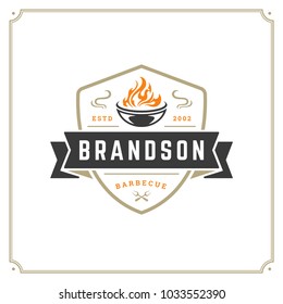 Grill restaurant logo vector illustration. Barbecue steak house menu emblem, grill and flame silhouette. Vintage typography badge design.