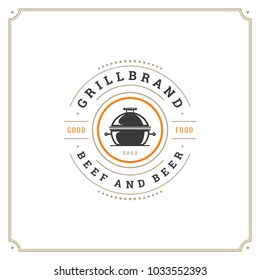 Grill restaurant logo vector illustration. Barbecue steak house menu emblem, grill and flame silhouette. Vintage typography badge design.