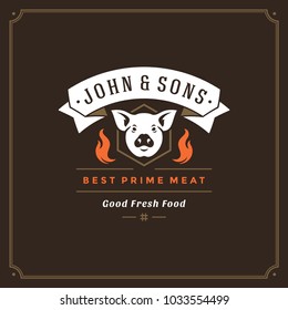 Grill restaurant logo vector illustration. Barbecue steak house menu emblem, pig head silhouette. Vintage typography badge design.