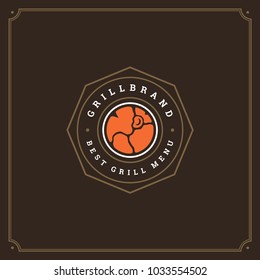 Grill restaurant logo vector illustration. Barbecue steak house menu emblem, meat steak silhouette.