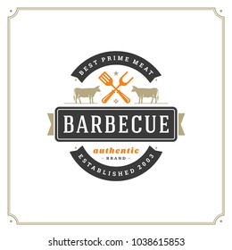 Grill restaurant logo vector illustration. Barbecue steak house menu emblem, cows silhouettes. Vintage typography badge design.