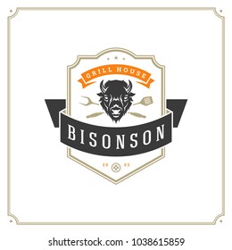 Grill restaurant logo vector illustration. Barbecue steak house menu emblem, buffalo head silhouette. Vintage typography badge design.