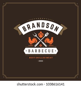 Grill restaurant logo vector illustration. Barbecue steak house menu emblem, hen silhouette. Vintage typography badge design.