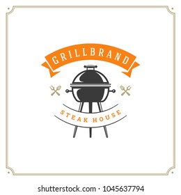 Grill restaurant logo vector illustration. Barbecue steak house menu emblem, grill and flame silhouette. Vintage typography badge design.