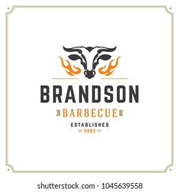 Grill restaurant logo vector illustration. Barbecue steak house menu emblem, bull head silhouette. Vintage typography badge design.