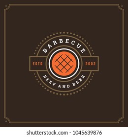 Grill restaurant logo vector illustration. Barbecue steak house menu emblem, grilled meat steak silhouette. Vintage typography badge design.