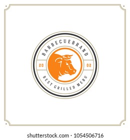 Grill restaurant logo vector illustration. Barbecue steak house menu emblem, bull head silhouette. Vintage typography badge design.