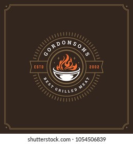 Grill restaurant logo vector illustration. Barbecue steak house menu emblem, grill and flame silhouette. Vintage typography badge design.