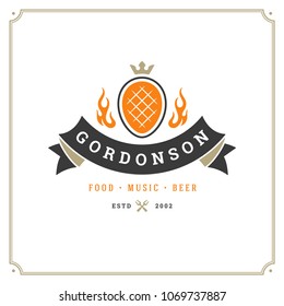 Grill restaurant logo vector illustration. Barbecue steak house menu emblem, meat steak silhouette. Vintage typography badge design.