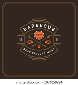 Grill restaurant logo vector illustration. Barbecue steak house menu emblem, meat steak silhouette. Vintage typography badge design.