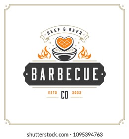 Grill restaurant logo vector illustration. Barbecue steak house menu emblem, grill and flame silhouette. Vintage typography badge design.
