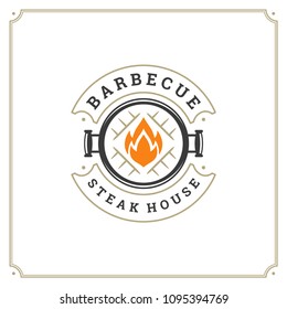 Grill restaurant logo vector illustration. Barbecue steak house menu emblem, grill and flame silhouette. Vintage typography badge design.