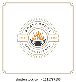 Grill restaurant logo vector illustration. Barbecue steak house menu emblem, grill and flame silhouette. Vintage typography badge design.